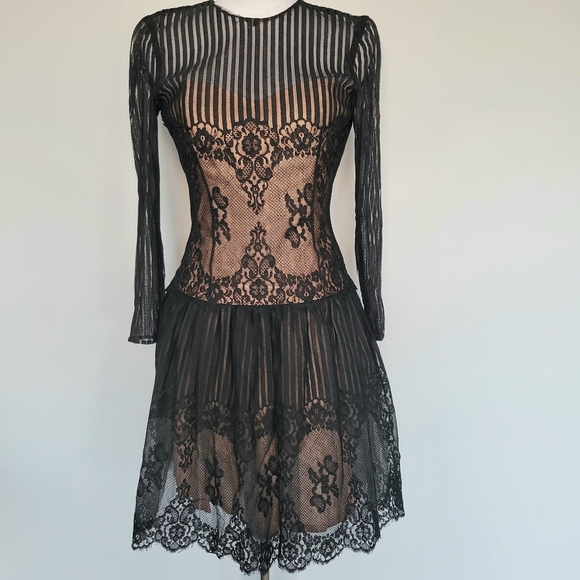 VICTOR COSTA Vintage Black Tan Lace 1980s Long Sleeve Corset Midi Dress Sz 8
